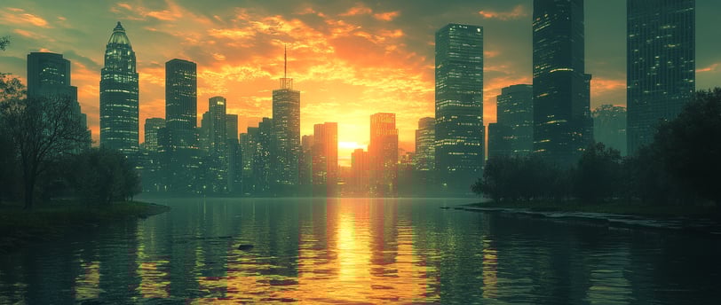 a city skyline with a sunset over a river