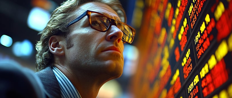 a man in a suit and glasses looking at a display of stock market items
