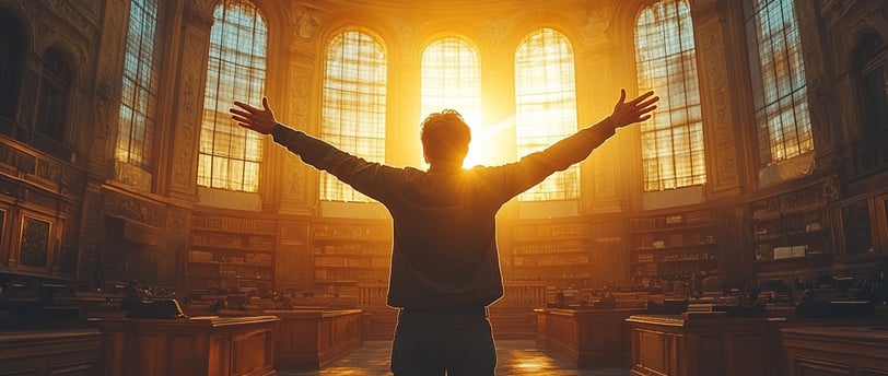 a man standing in a library with his arms up and arms up
