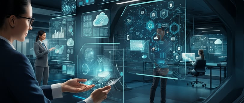 Futuristic IT managed services in 2025 with holographic tech and Verve Phoenix branding in navy blue, gold, and black.