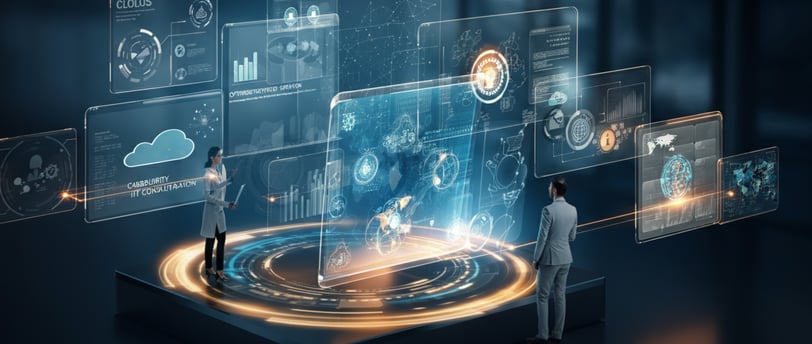 Team of professionals collaborating with digital displays showcasing IT consulting, cloud migration, cybersecurity
