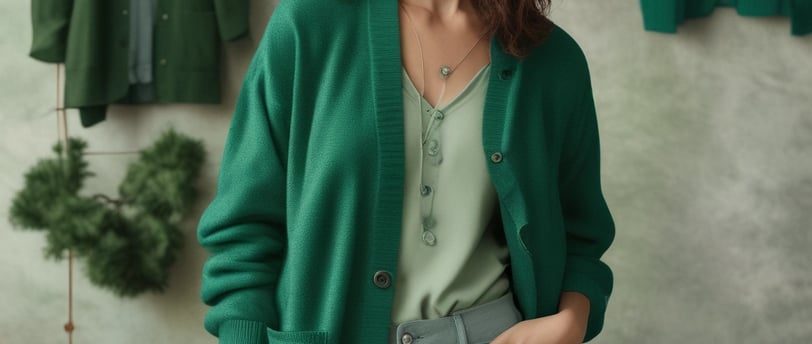 A woman combining an emerald green cardigan with various models of garments