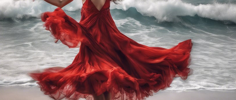 Woman on the beach in a red dress moving to the beat of the air