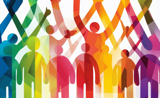 multiple human silohouettes in different colors showing inclusive language