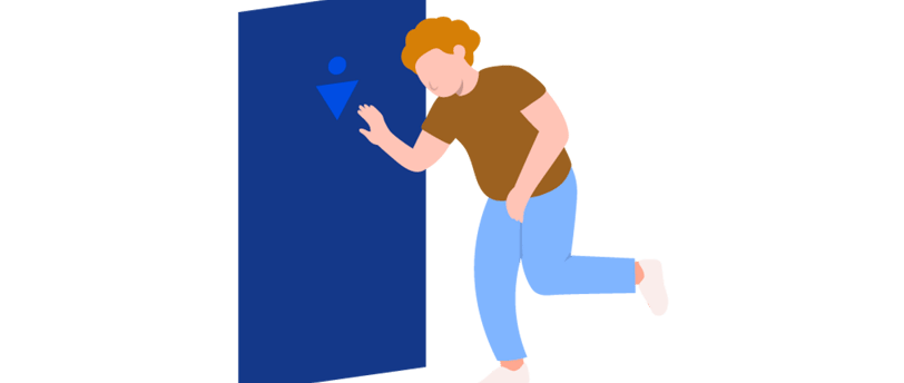 a man is holding a blue door with a blue arrow pointing to the left