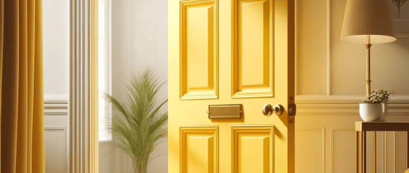 a yellow door with a plant in the middle