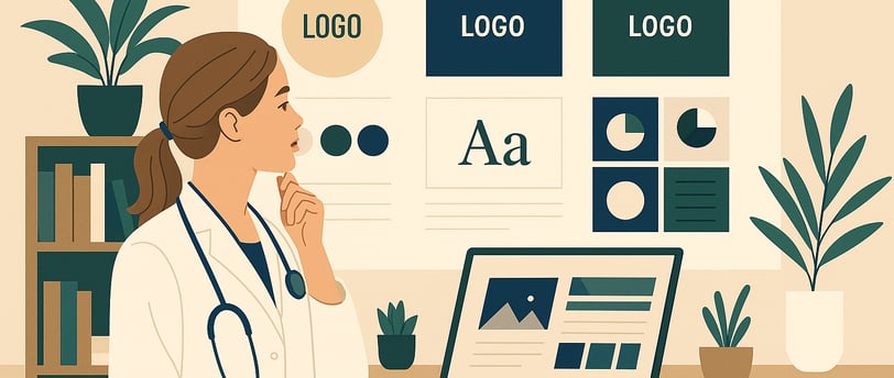 Médica observando identidade visual em ambiente profissional.