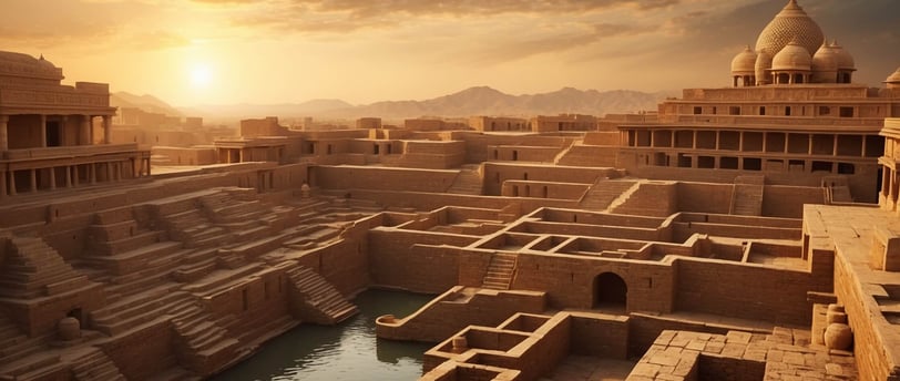 Künstlerische Darstellung von Mohenjo-Daro bei Sonnenuntergang, mit dem Großen Bad, fortschrittliche
