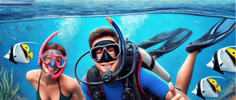 a man and woman scubas in the ocean dive and chill sloganm