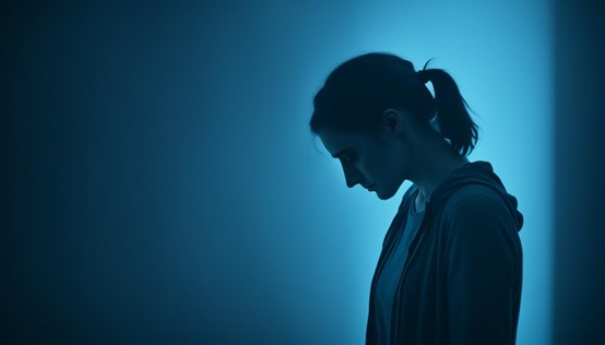 a woman in a dark room with a blue light