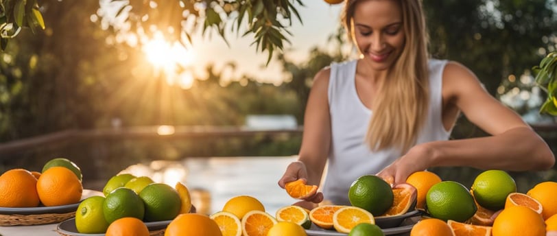 a woman is cutting oranges on a plate