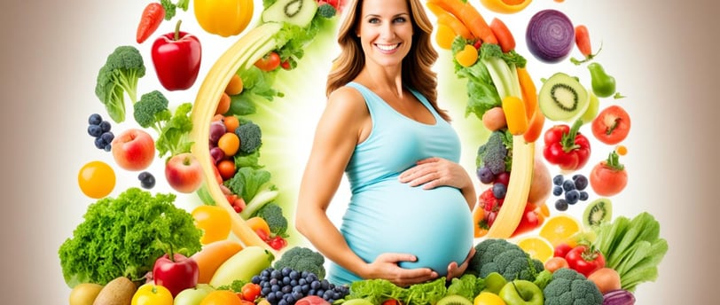 a pregnant woman with a large belly in a circle of fruits and vegetables