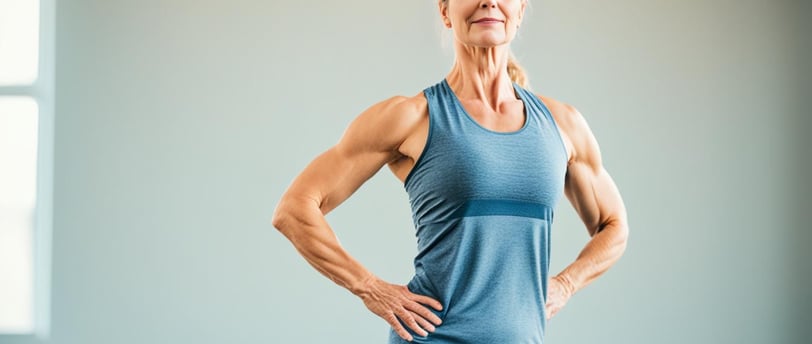 a woman in a blue tank top and black leggings