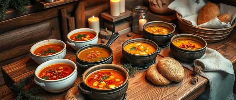 a table with bowls of soup and bread
