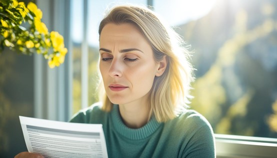 a woman in a green sweater is reading a paper