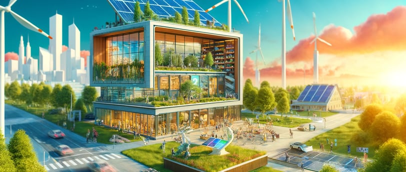 Vue d'un bâtiment durable avec panneaux solaires, éolienne et verdure en 2024