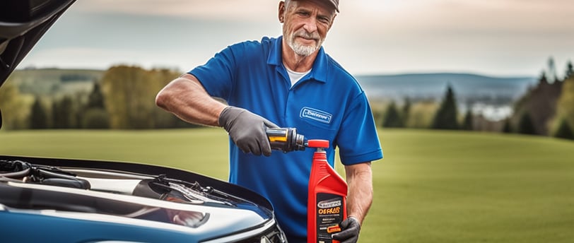 mechanic showing a container of oil