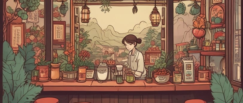 A collection of anime figurines is displayed on wooden shelves with comic-style wallpaper as a decorative background. Various action figures are posed, featuring vibrant colors and iconic character designs. The setting appears to be a themed cafe or restaurant, with additional seating and hanging lights in the background.