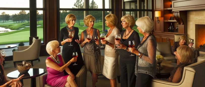 A sophisticated gathering of women from the Achasta Ladies Club, dressed in elegant attire, holding