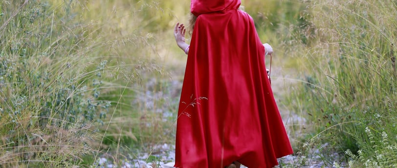 Red cloaked figure walking through meadow Photo by Ersin Aslan