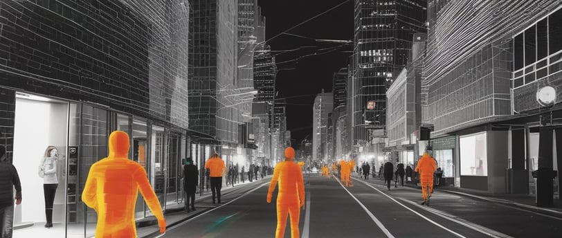 a street scene with a man in orange bodysuits