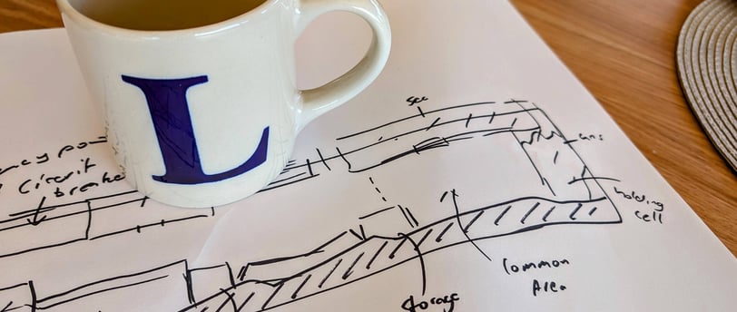 A coffee mug sitting on a paper sketch of a level map