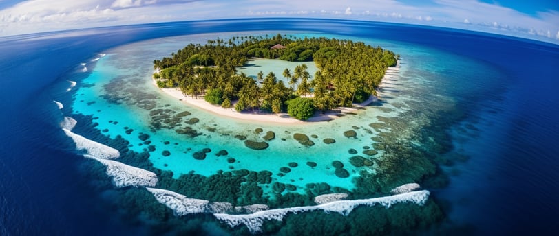 a drone shot of a small island surrounded by palm trees