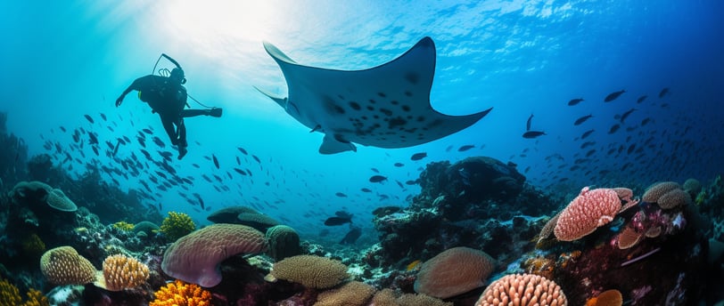 a scuba diver swimming beside a big manta ray