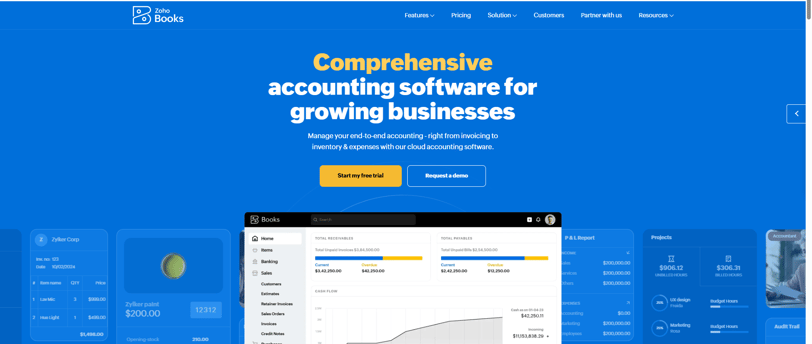 zoho website page displaying a business account