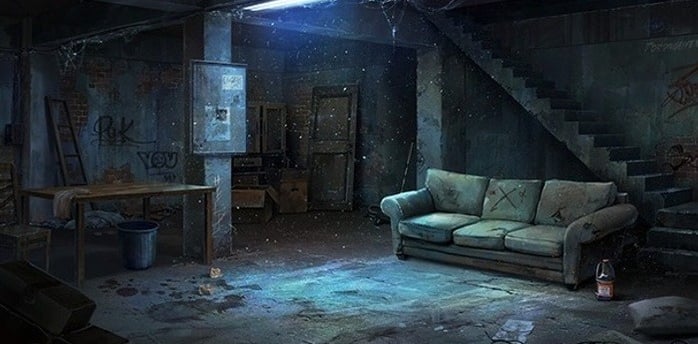 a couch in a dark room with a couch and a table