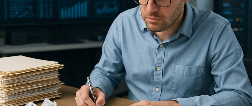 a man sitting at a desk with a calculator