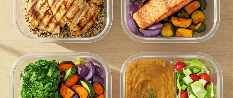 Fotografía realista cenital de varias fuentes de cristal con porciones de comida saludable