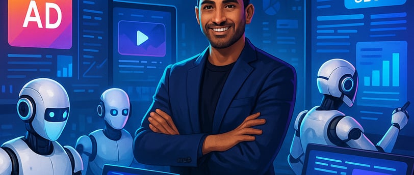 “A digital illustration showing a modern digital marketing scene with vibrant colors and social media elements.”