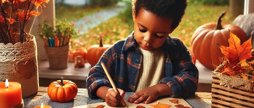 african american child sitting at a table with fall decorations writing in a fall journal