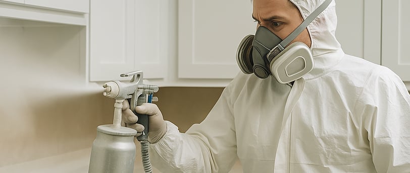Professional painter spray-painting modern white kitchen cabinets while wearing protective gear.