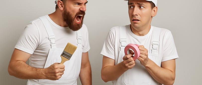 Angry old-school painter shouting at nervous decorator holding masking tape – Pure Perfection London