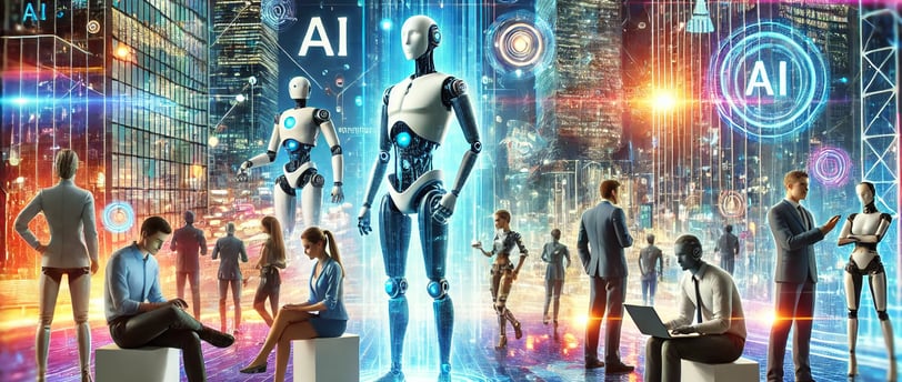 Futuristic scene with glowing skyscrapers, robots, and entrepreneurs using holographic AI interfaces in a vibrant, high-tech