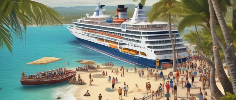 A large cruise ship is sailing through calm waters with a clear and minimalistic backdrop. The ship is mid-sized, featuring multiple decks and a sleek, modern design.