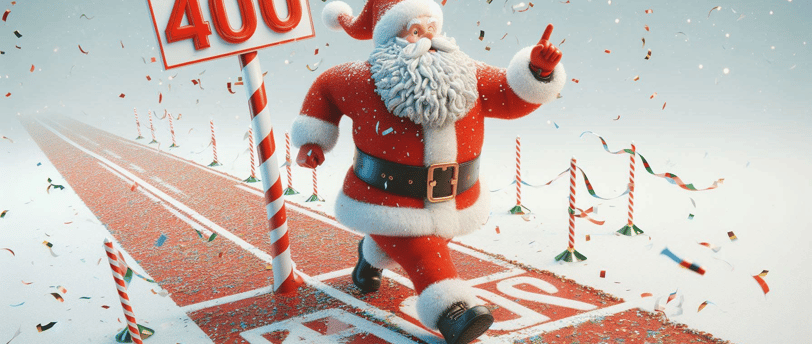 Santa clause crossing victory line with 400 number.