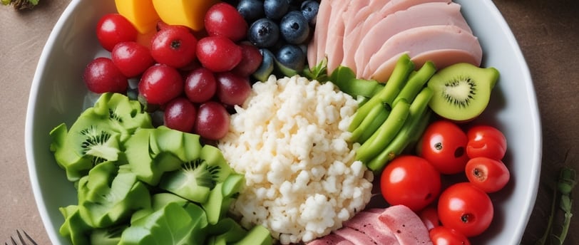 A hand holding a container of Labrada CREA LEAN strength creatine powder in front of a computer setup. The background includes a monitor displaying text, a colorful keyboard, a calculator, and a notepad with a pen.