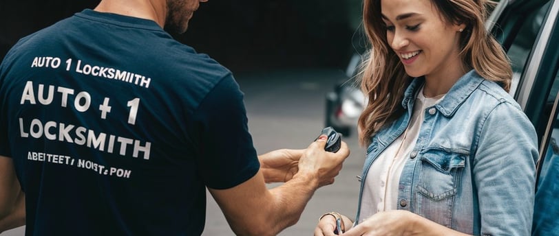 locksmith profession giving a remote key to lady in emergency locked her car