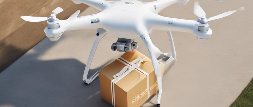 A drone hovers in the air with blurred trees and objects in the background, suggesting an outdoor setting. The drone's design includes visible propellers and a camera mounted at the front, indicating its potential use for aerial photography or videography.