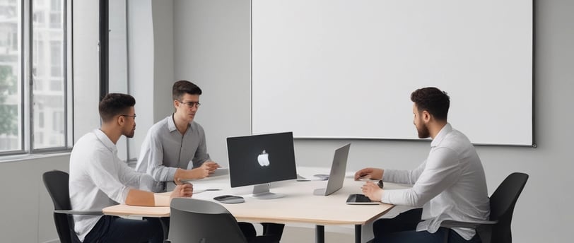 three men sitting while using laptops and watching man beside whiteboard