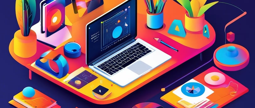 Vibrant workspace with laptop, notebooks, and creative tools, symbolizing the blend of digital and p