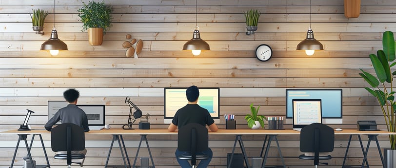 two people sitting at a desk with computers and desks