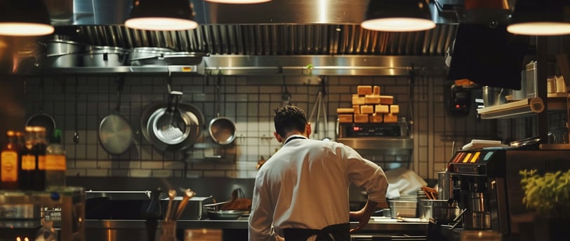 a man in a kitchen with a stove and a potted potted in the