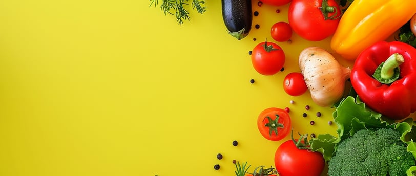 a variety of vegetables and vegetables on a yellow background
