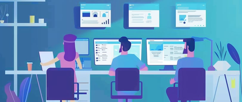 a man and woman working on computers in a room