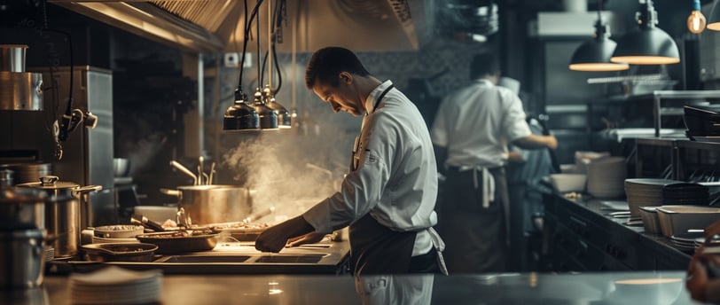 a man in a white shirt and tie dye on a kitchen counter
