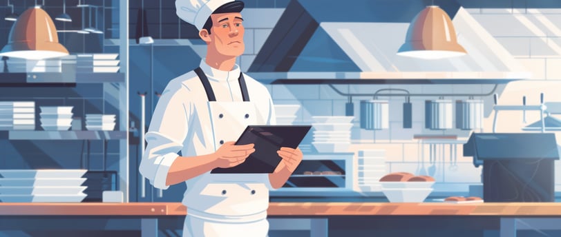 a chef in a white uniform holding a tablet computer